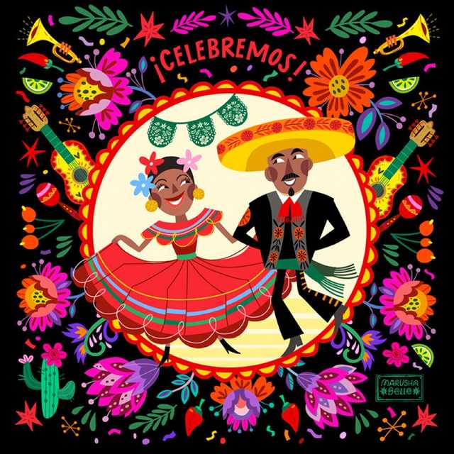 Festive Mexican folk art illustration of a dancing couple with text reading Celebremos, illustration by MarushaBelle