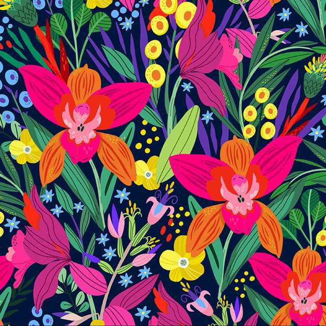 Bold floral pattern design featuring bright pink orchids and yellow berries on a dark blue background, illustration by MarushaBelle